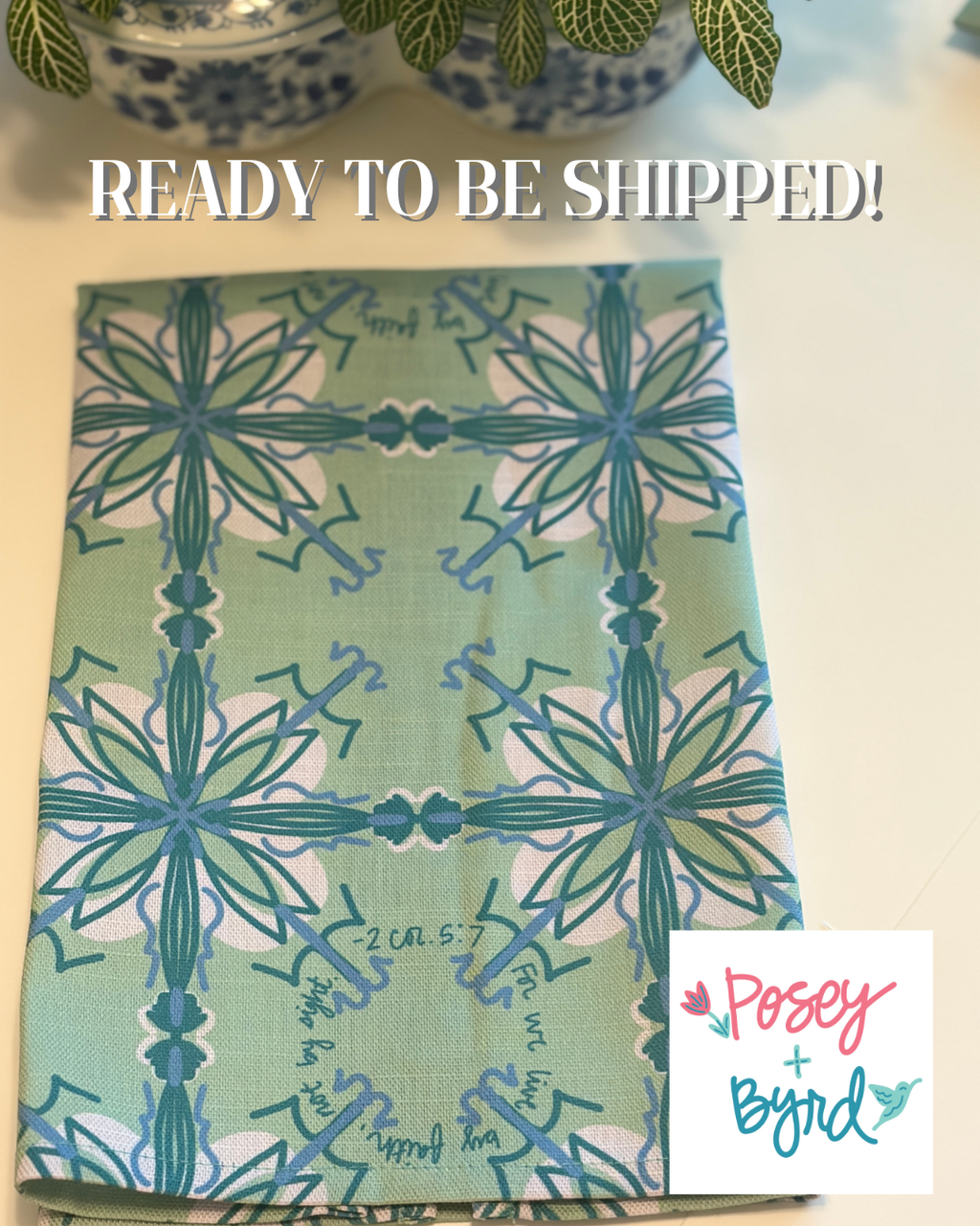 Ready to Ship Willa Tea Towel in Clover NEW! (2 Corinthians 5:7)
