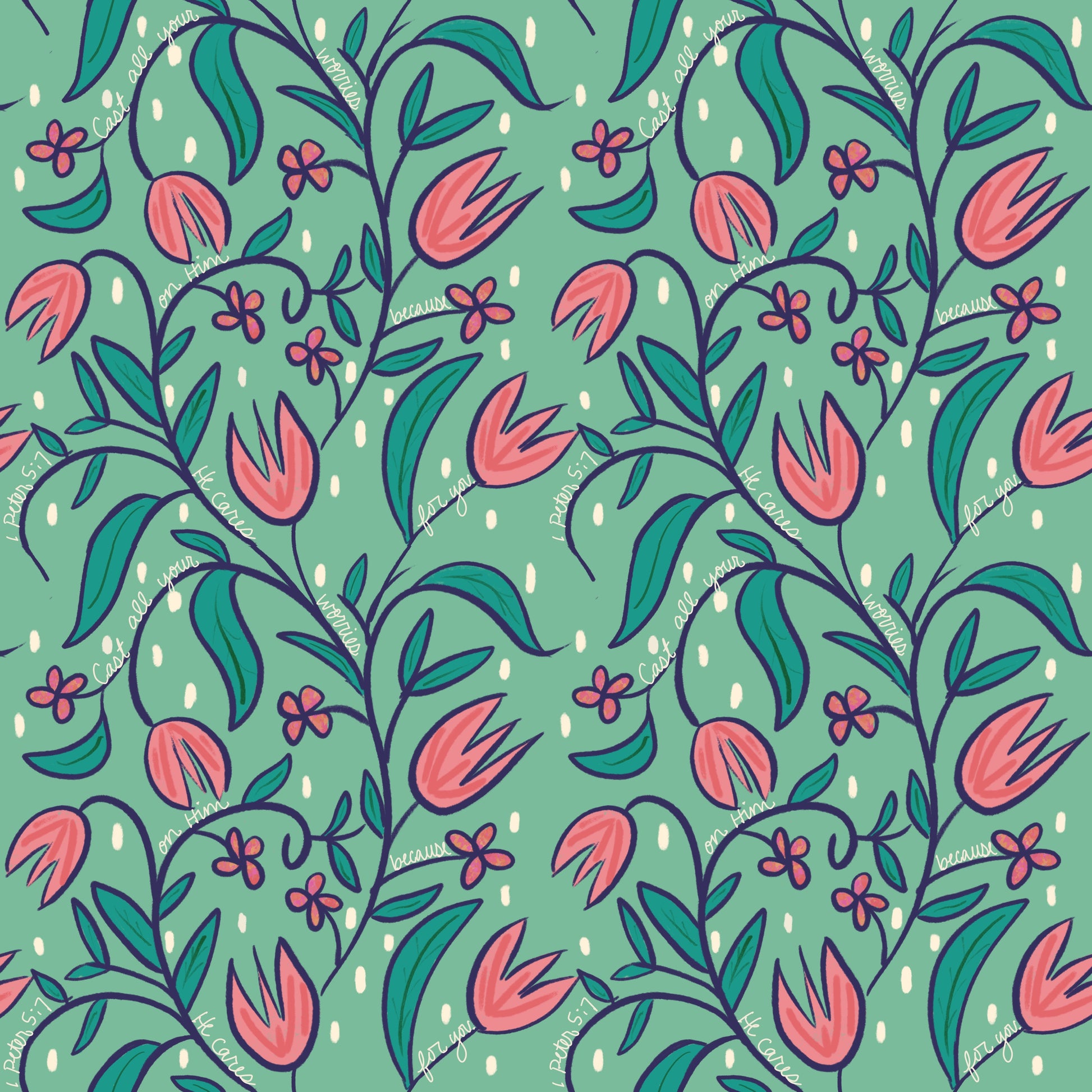 Bible verse fabric; scripture fabric:  Cast all your worries on him because he cares for you. - 1 Peter 5:17