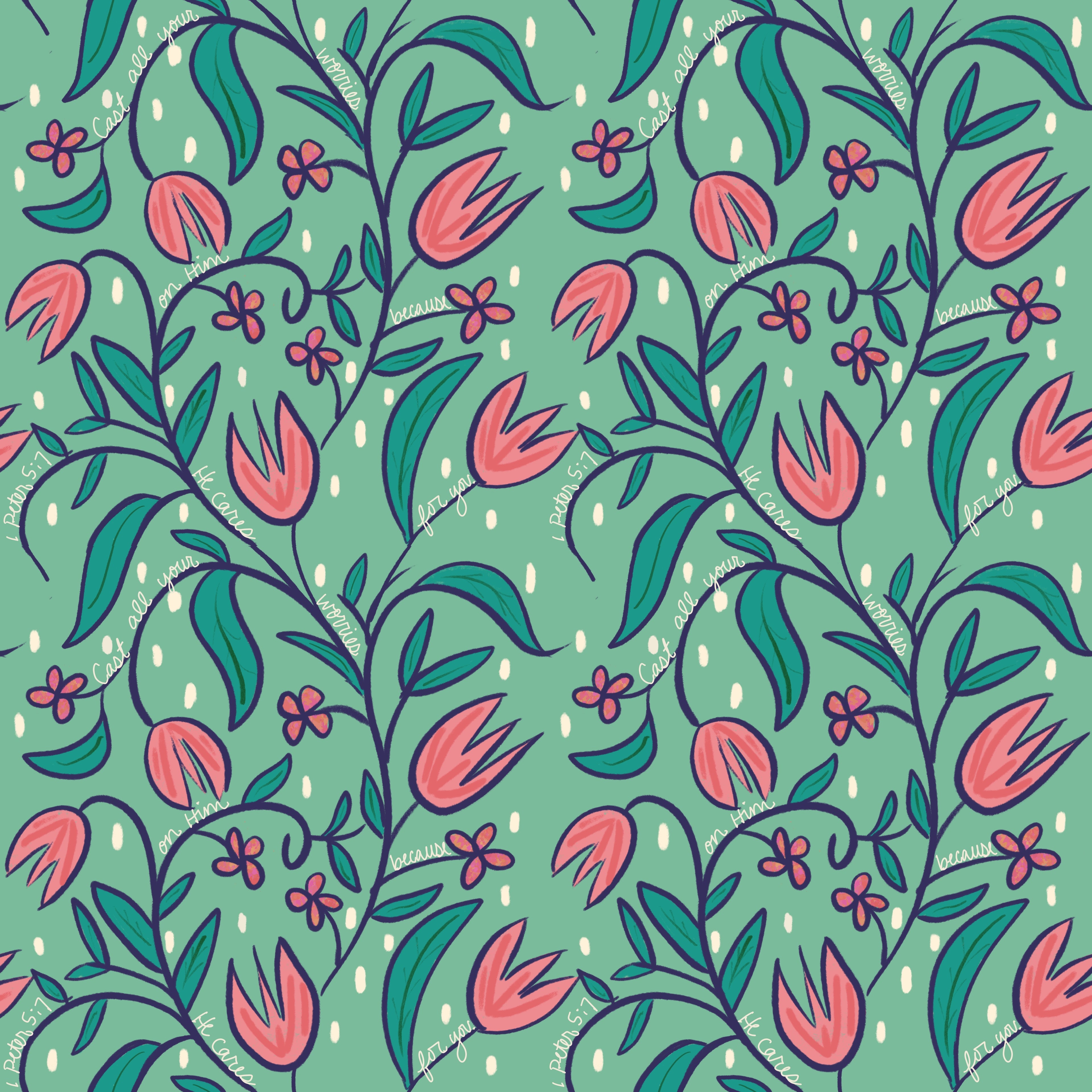 Bible verse fabric; scripture fabric:  Cast all your worries on him because he cares for you. - 1 Peter 5:17