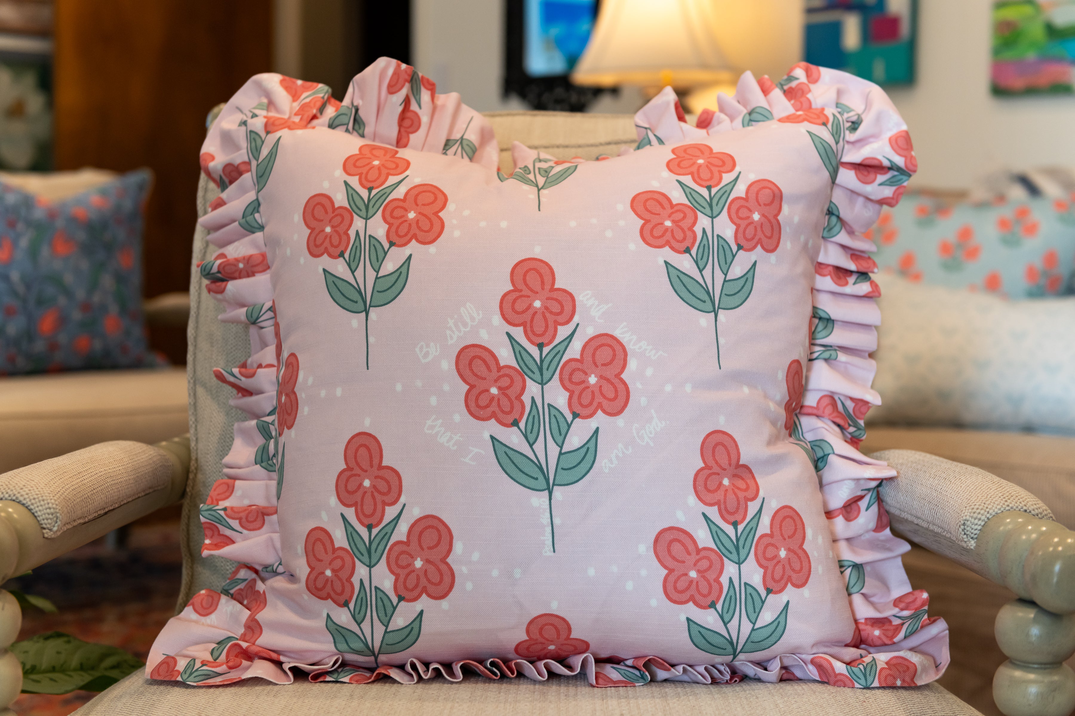 ruffle pillow with bible verse fabric