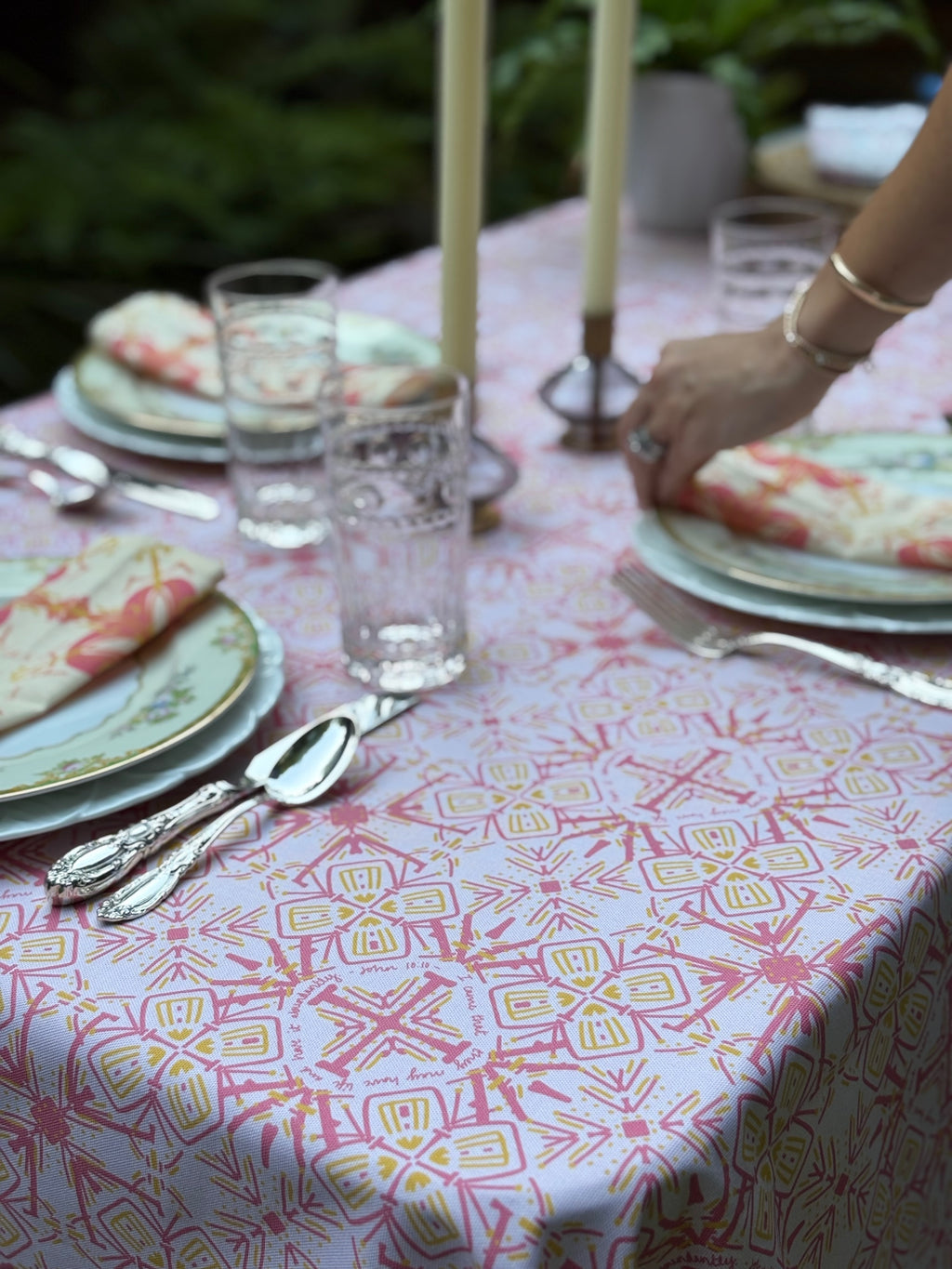 NEW!  Florence Square Tablecloth (John 10:10)
